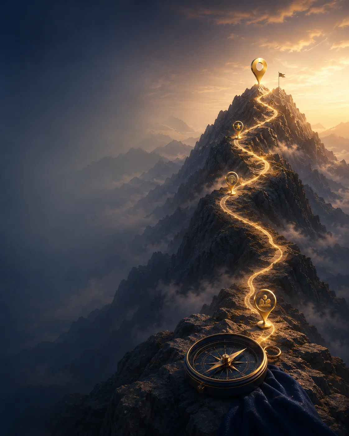 Bússola e caminho iluminado subindo até o destino no topo da montanha
